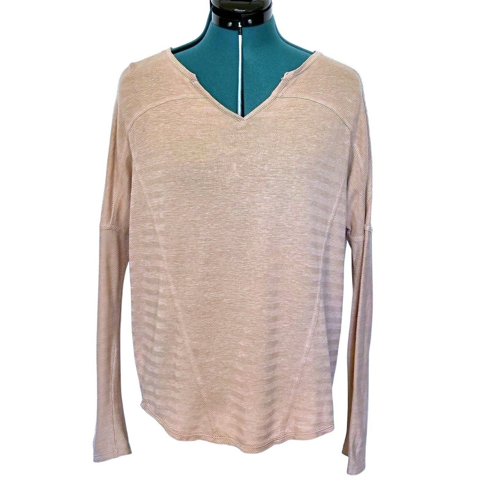 Prana Shirt Womens XS Pink Beige Striped V Neck Long Sleeve Lightweight Top
